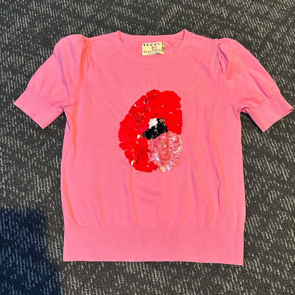 Alice + Olivia pink sequin cotton sweater short sleeve size XS